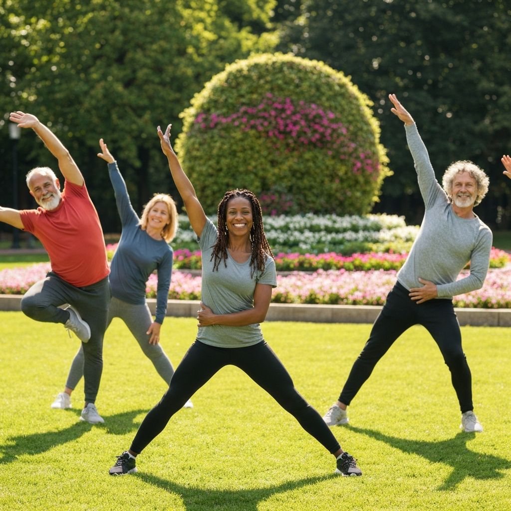 Active adults stretching outdoors